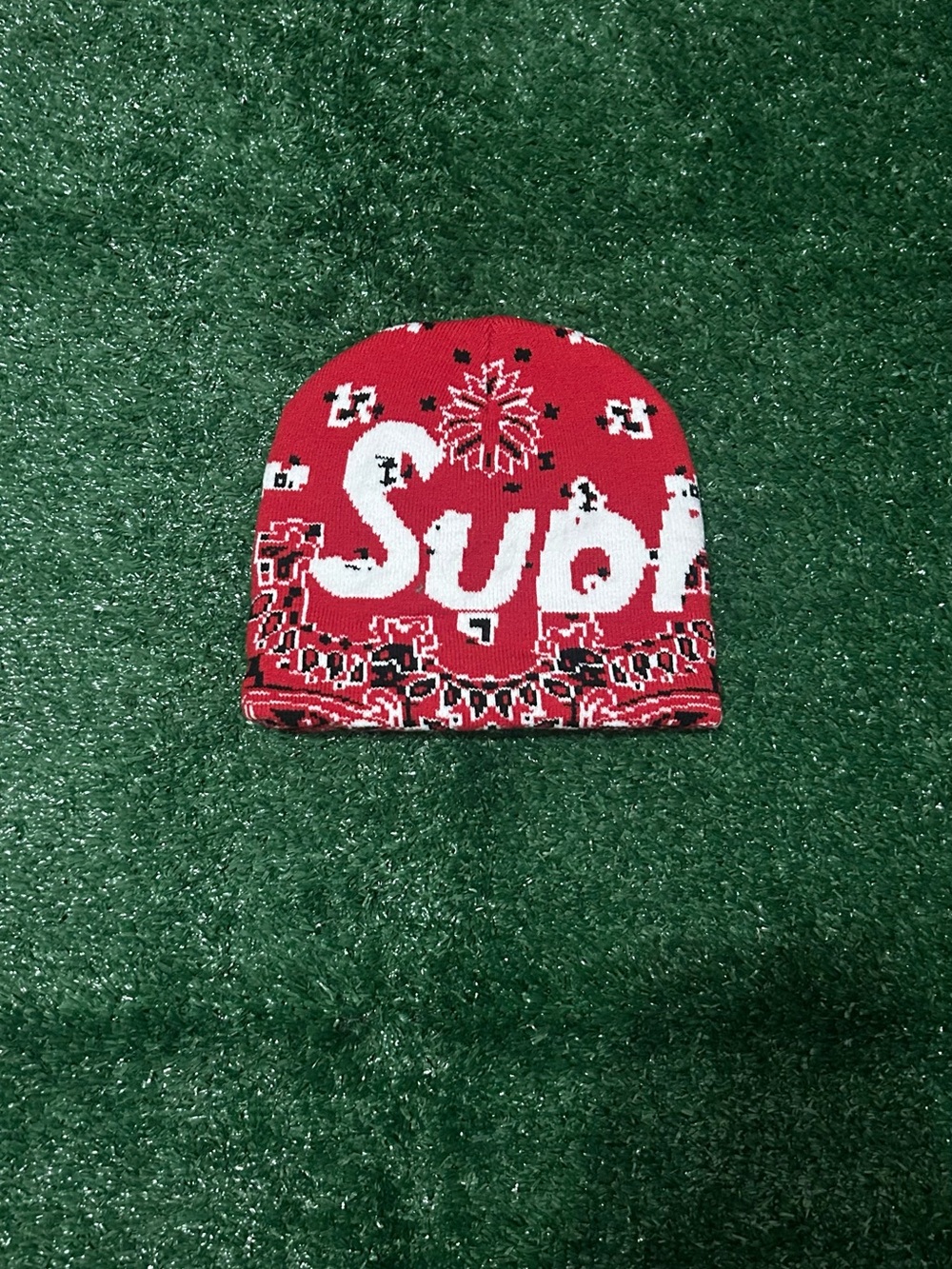 Supreme Red Knit Kids Beanie with White Logo Pattern